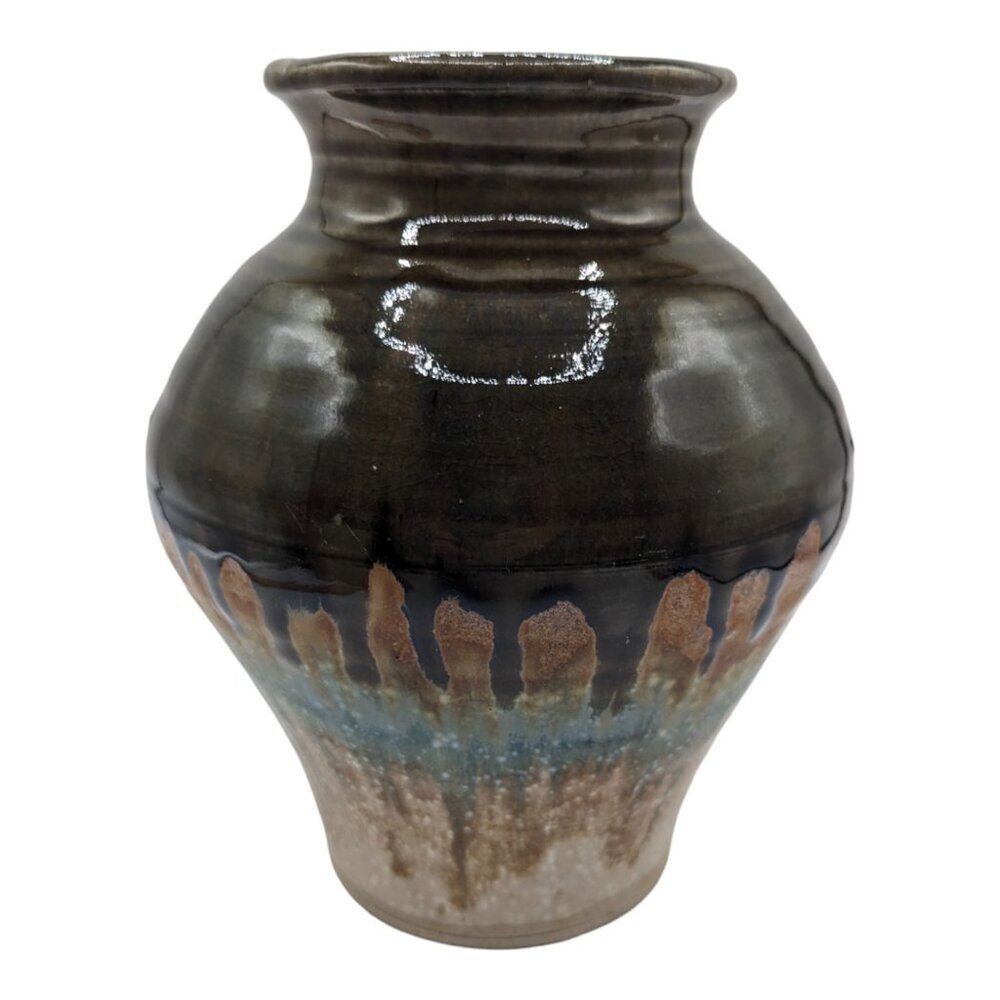 Drip Glaze Art Pottery Brown Blue Round Vase Hand Thrown Signed Kathleen?